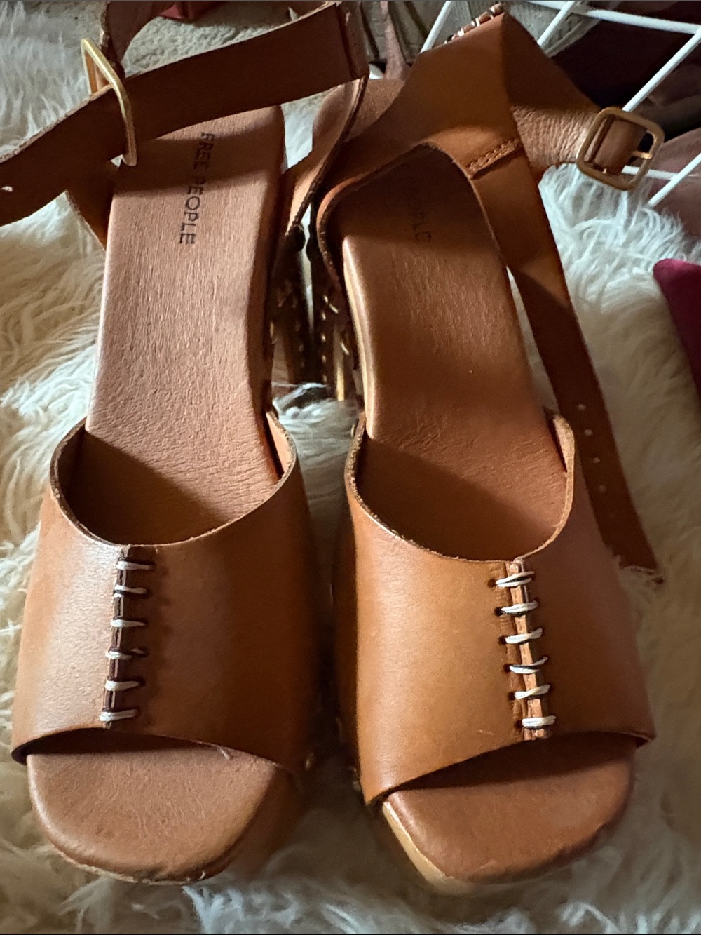 Free People Cognac Brown Leather Platform Sandals with Ankle Strap - Picture 5 of 9